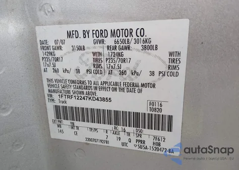 2007 Ford F-150 Stx/Xl/Xlt z USA, uszkodzony, nr VIN 1FTRF12247KD43855